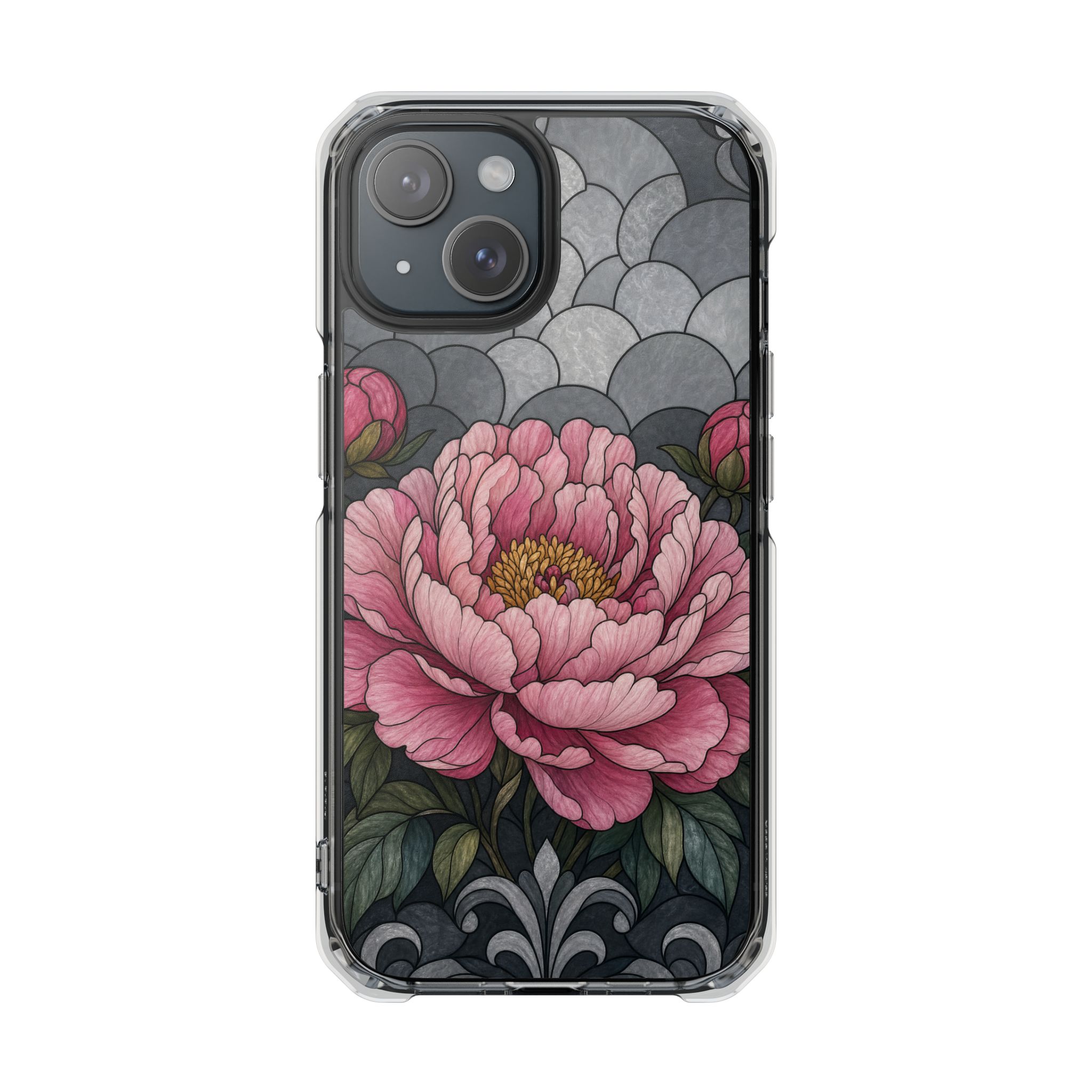 Peony Faux Stained Glass Phone Case, Slim Clear Case for iPhone 17 16 15 Pro Max, Protective Gift Case — MagSafe