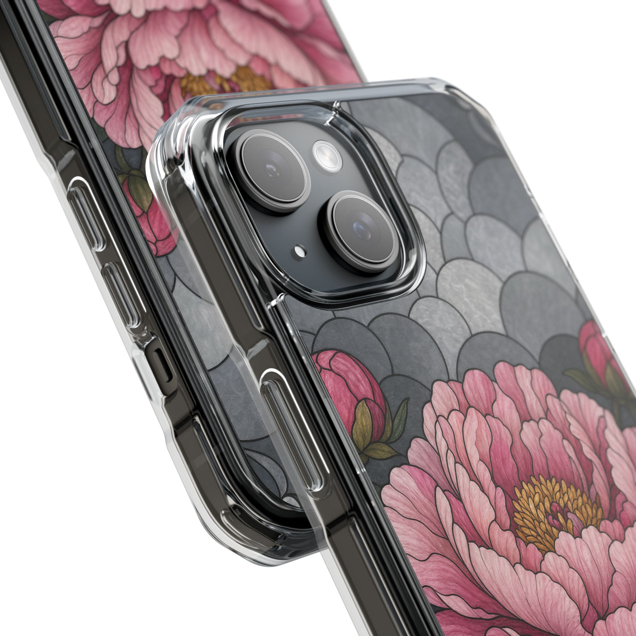 Peony Faux Stained Glass Phone Case, Slim Clear Case for iPhone 17 16 15 Pro Max, Protective Gift Case — MagSafe - Image 3