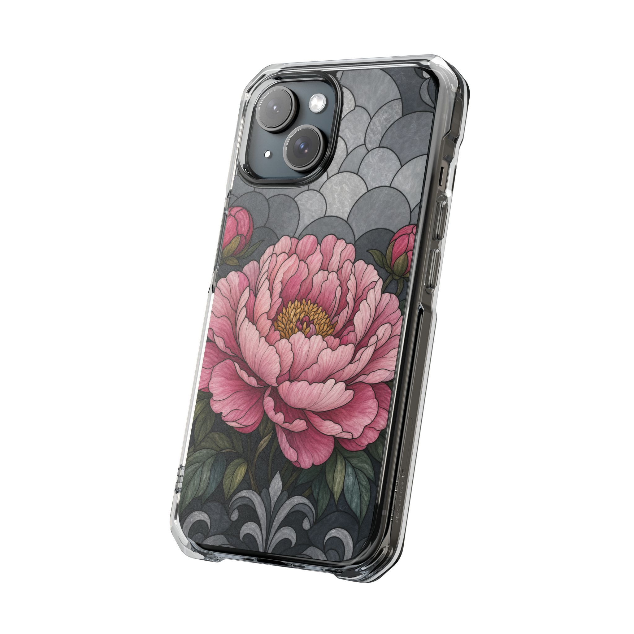 Peony Faux Stained Glass Phone Case, Slim Clear Case for iPhone 17 16 15 Pro Max, Protective Gift Case — MagSafe - Image 2