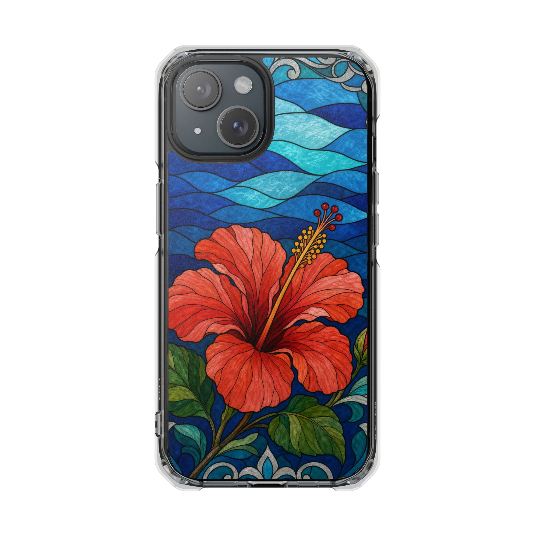 Hibiscus Faux Stained Glass Phone Case, Slim Clear Case for iPhone 17 16 15 Pro Max, Protective Gift Case — MagSafe